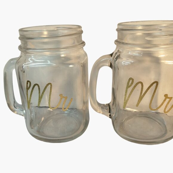 Mr Mrs Mason Jar Mugs Gold Script Writing Wedding Gift Anniversary Lot 2 - Picture 10 of 12